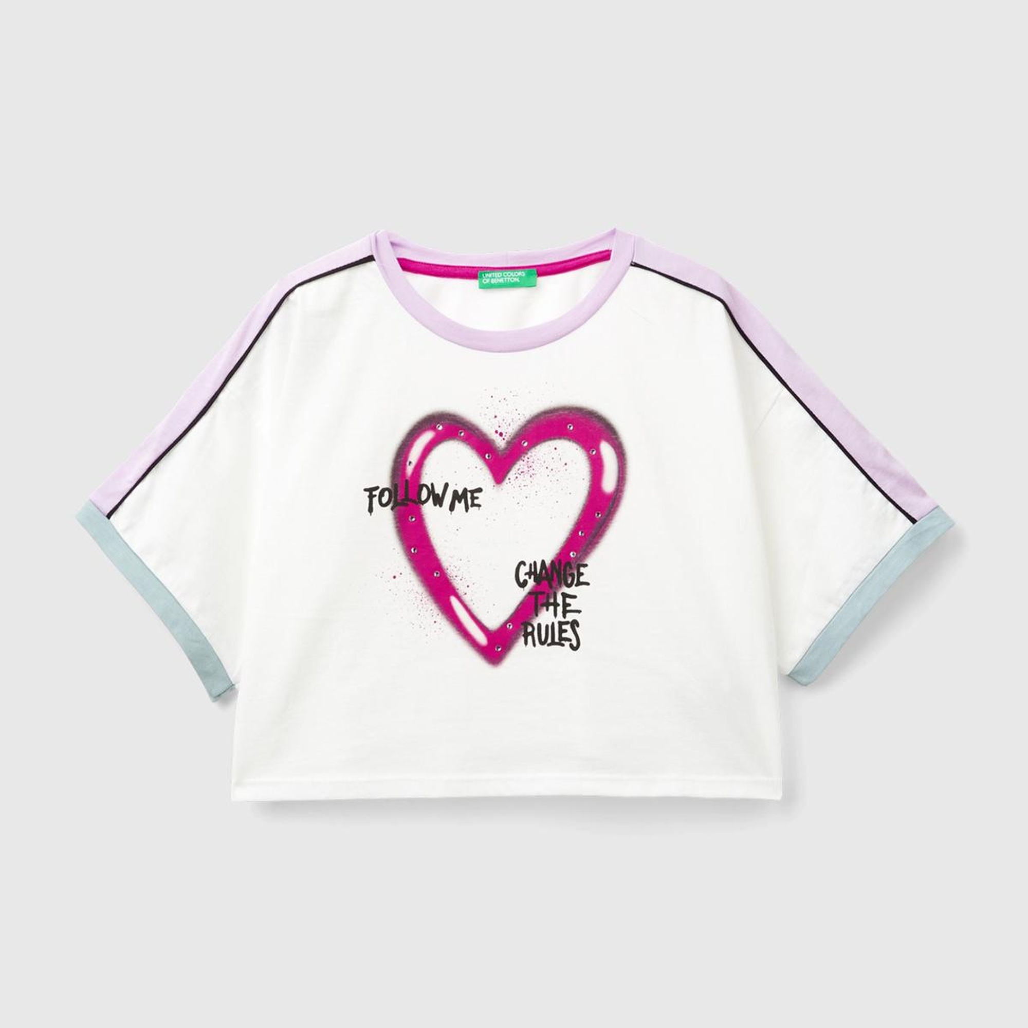 Kız Çocuk Beyaz Önü Baskılı Kontrast Renkli Geniş Bisiklet Yaka T-Shirt