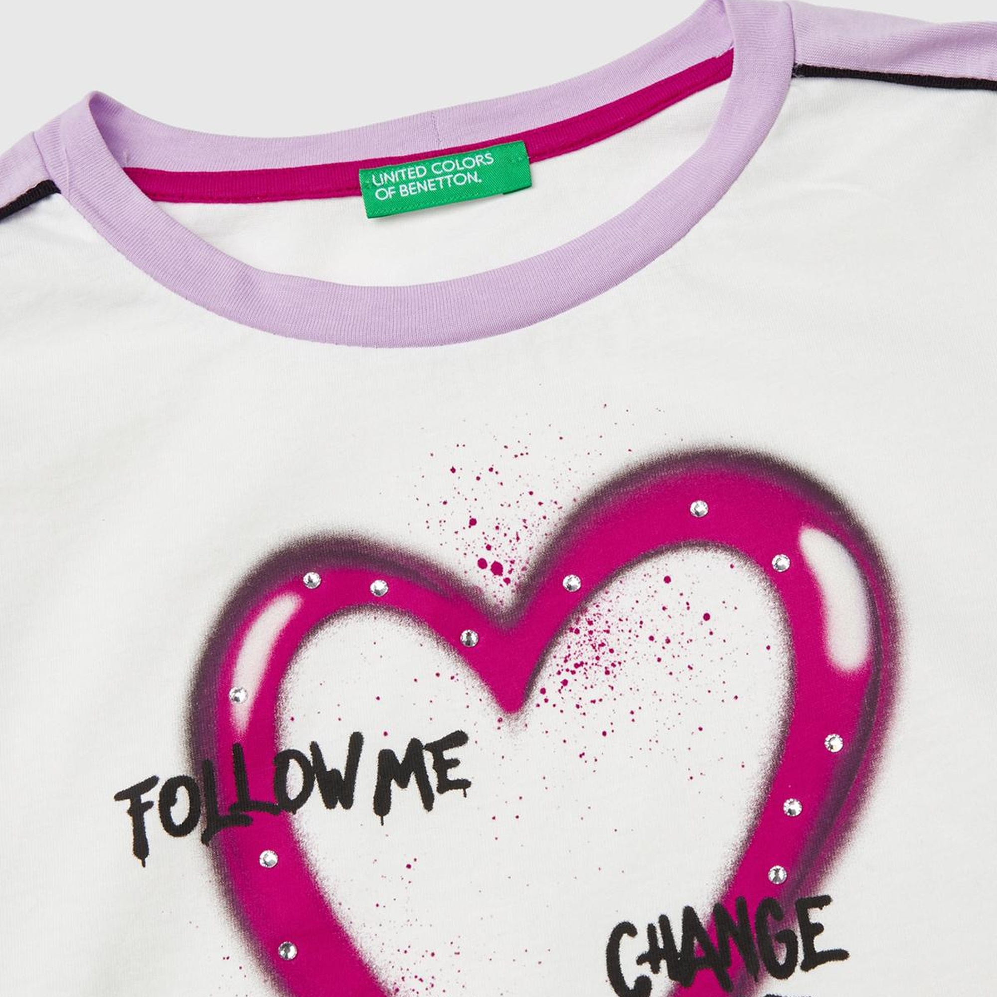 Kız Çocuk Beyaz Önü Baskılı Kontrast Renkli Geniş Bisiklet Yaka T-Shirt