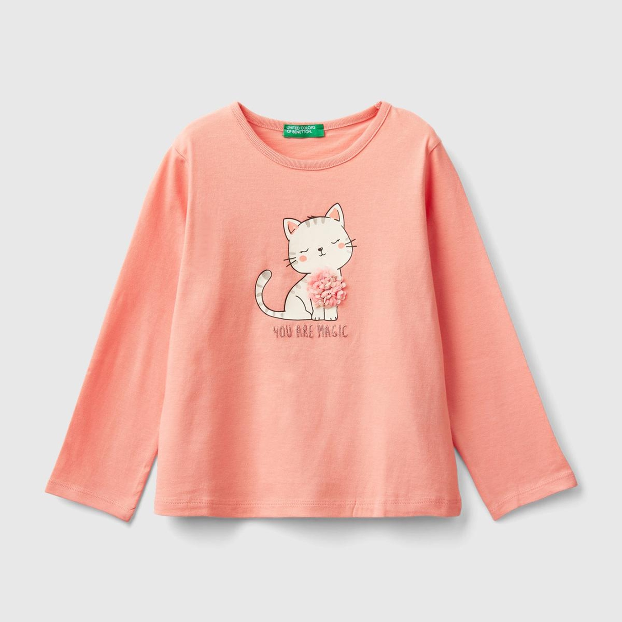 Kız Çocuk Yavruağzı Önü Baskılı Uzun Kollu Bisiklet Yaka T-Shirt