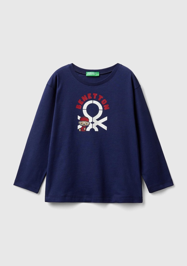  Erkek Çocuk Lacivert Çok Renkli Logo Baskılı Bisiklet Yaka Uzun Kollu T-Shirt