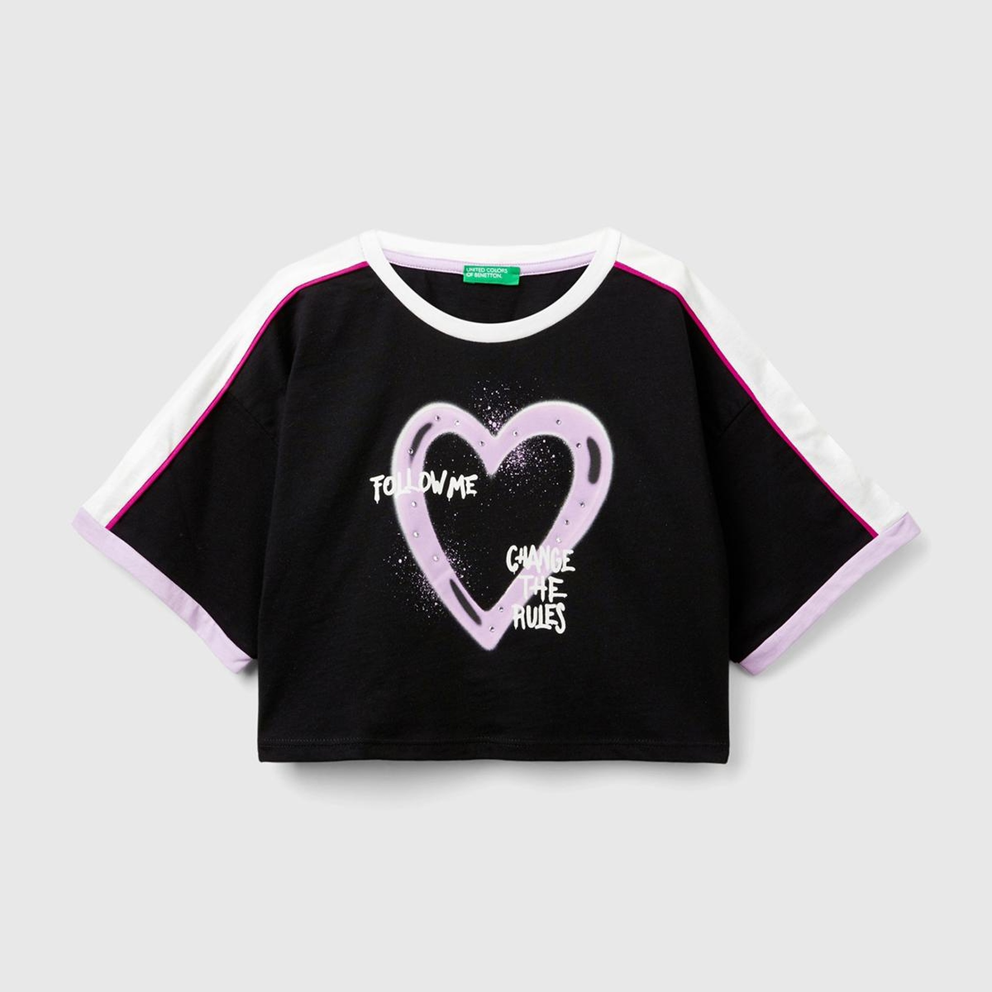 Kız Çocuk Siyah Önü Baskılı Kontrast Renkli Geniş Bisiklet Yaka T-Shirt