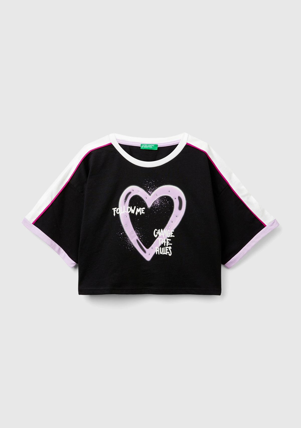  Kız Çocuk Siyah Önü Baskılı Kontrast Renkli Geniş Bisiklet Yaka T-Shirt