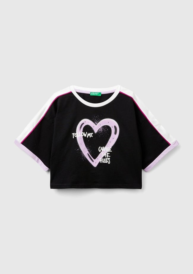  Kız Çocuk Siyah Önü Baskılı Kontrast Renkli Geniş Bisiklet Yaka T-Shirt