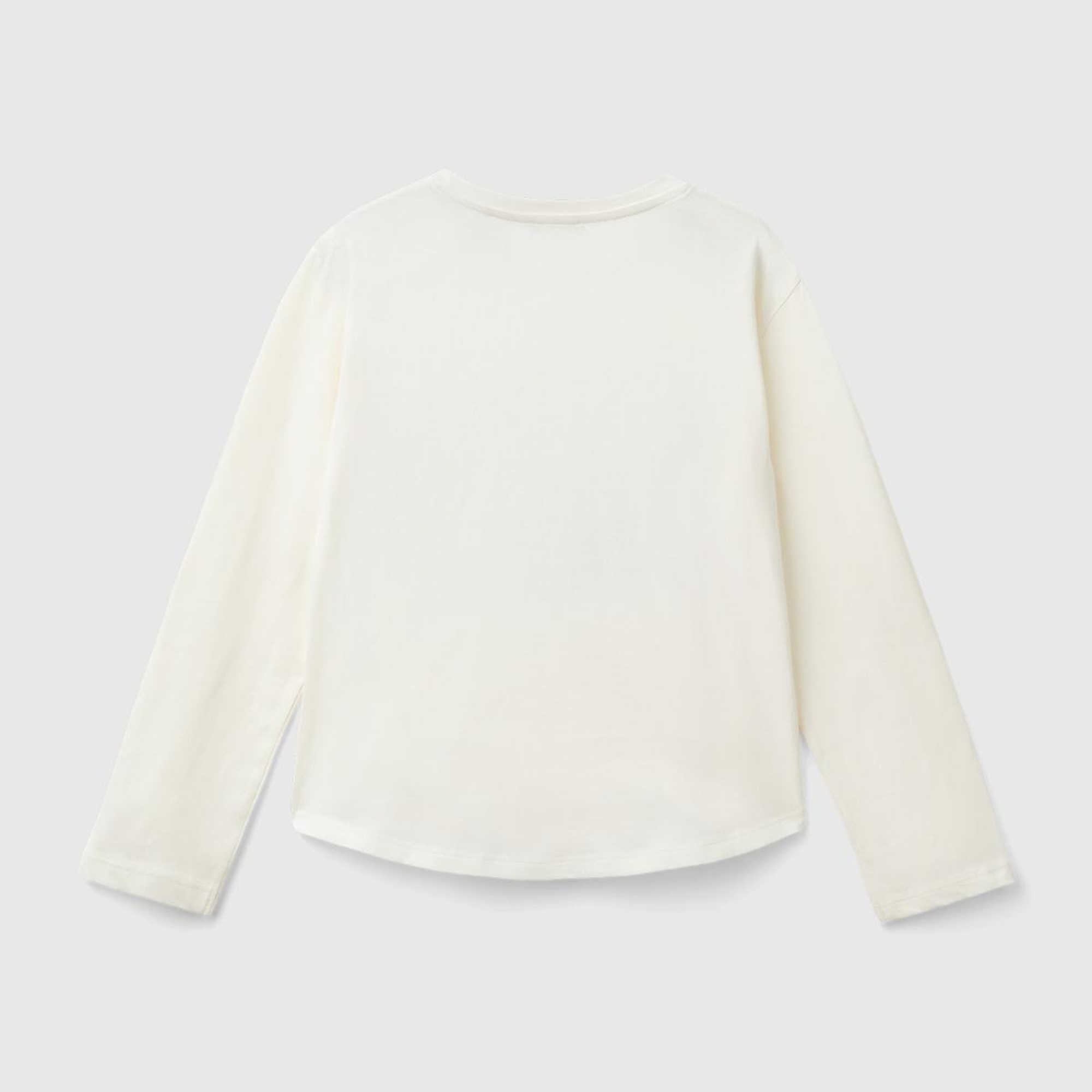 Kız Çocuk Ekru Önü Pullu Baskı Detaylı Etek Ucu Yuvarlak Uzun Kollu T-Shirt