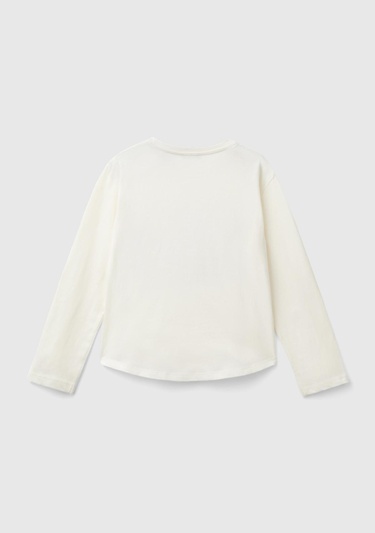  Kız Çocuk Ekru Önü Pullu Baskı Detaylı Etek Ucu Yuvarlak Uzun Kollu T-Shirt