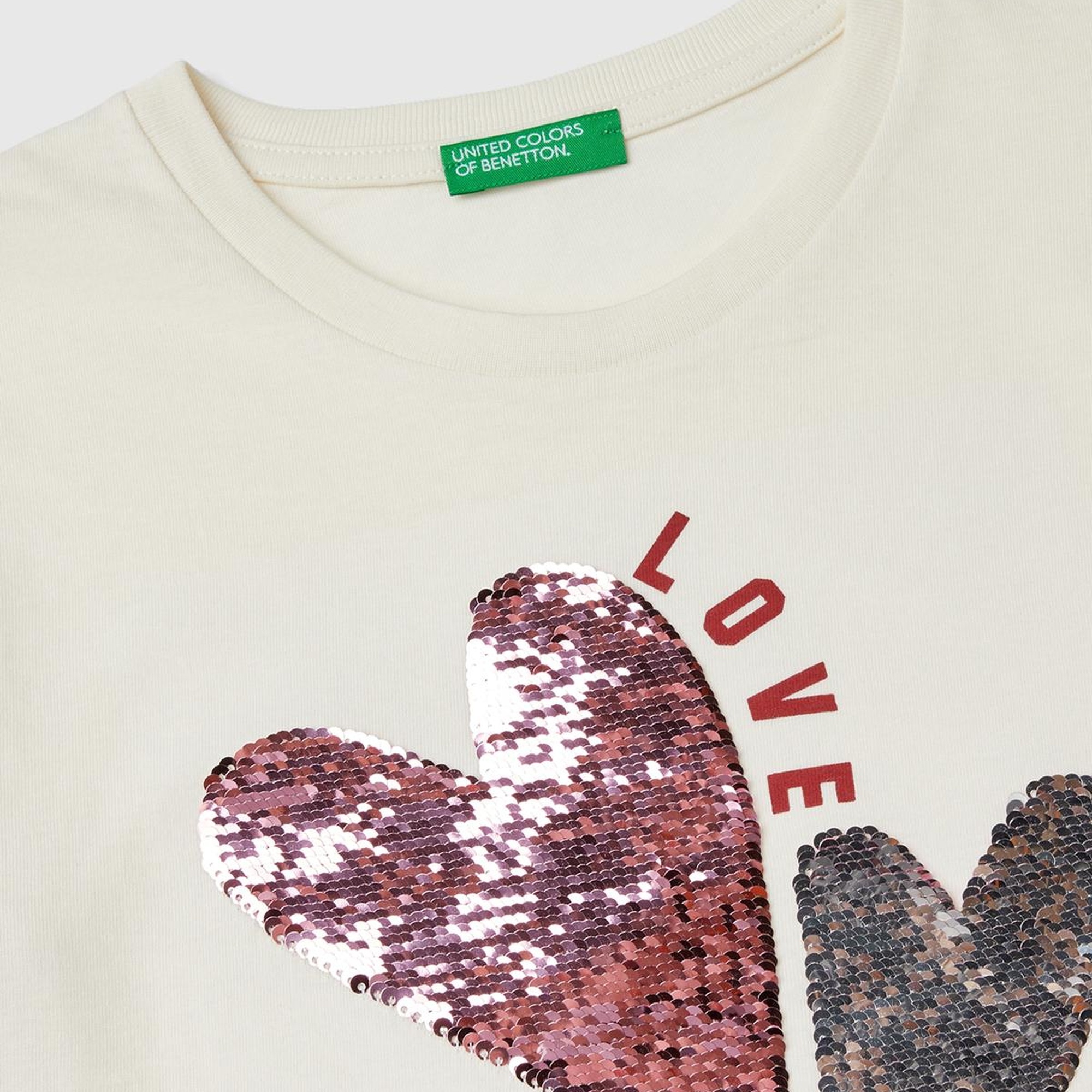 Kız Çocuk Ekru Önü Pullu Baskı Detaylı Etek Ucu Yuvarlak Uzun Kollu T-Shirt