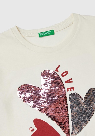  Kız Çocuk Ekru Önü Pullu Baskı Detaylı Etek Ucu Yuvarlak Uzun Kollu T-Shirt