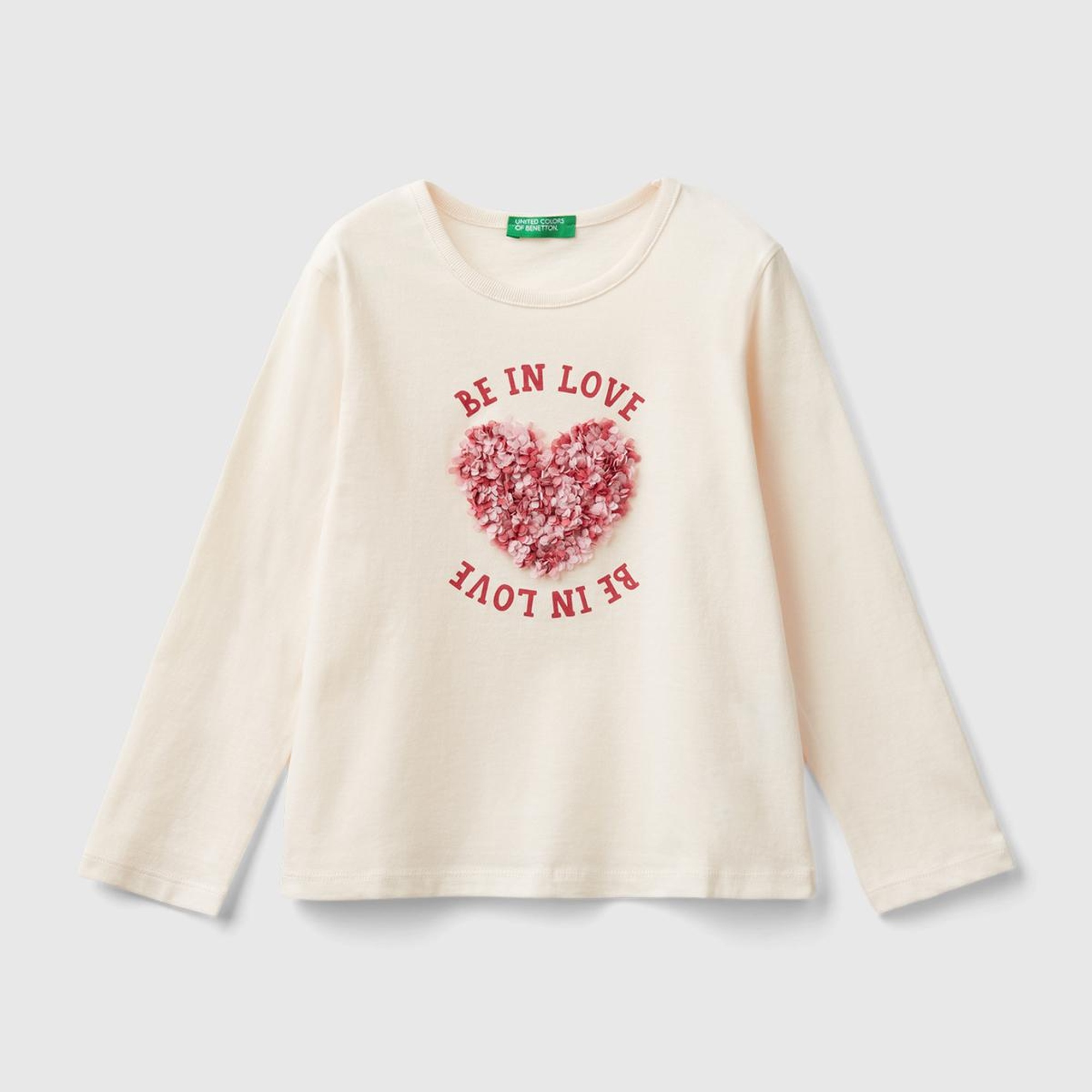 Kız Çocuk Ekru Önü Baskılı Uzun Kollu Bisiklet Yaka T-Shirt