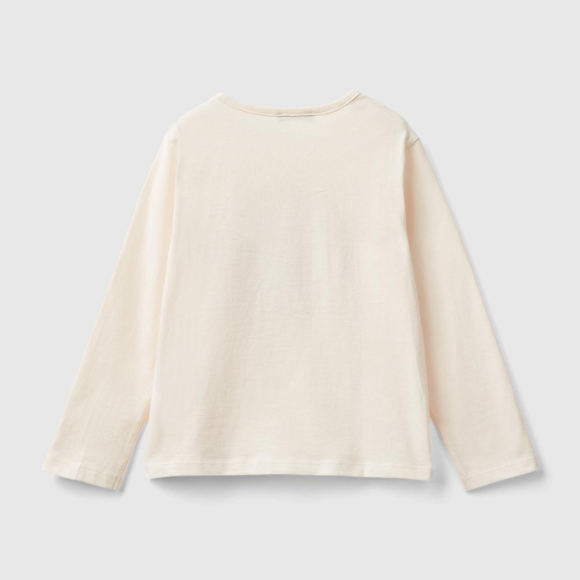 Kız Çocuk Ekru Önü Baskılı Uzun Kollu Bisiklet Yaka T-Shirt