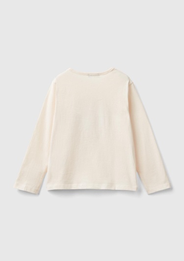  Kız Çocuk Ekru Önü Baskılı Uzun Kollu Bisiklet Yaka T-Shirt