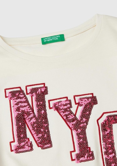  Kız Çocuk Ekru Kontrast Renkli Önü Düğümlü Kayık Yaka Uzun Kollu T-Shirt