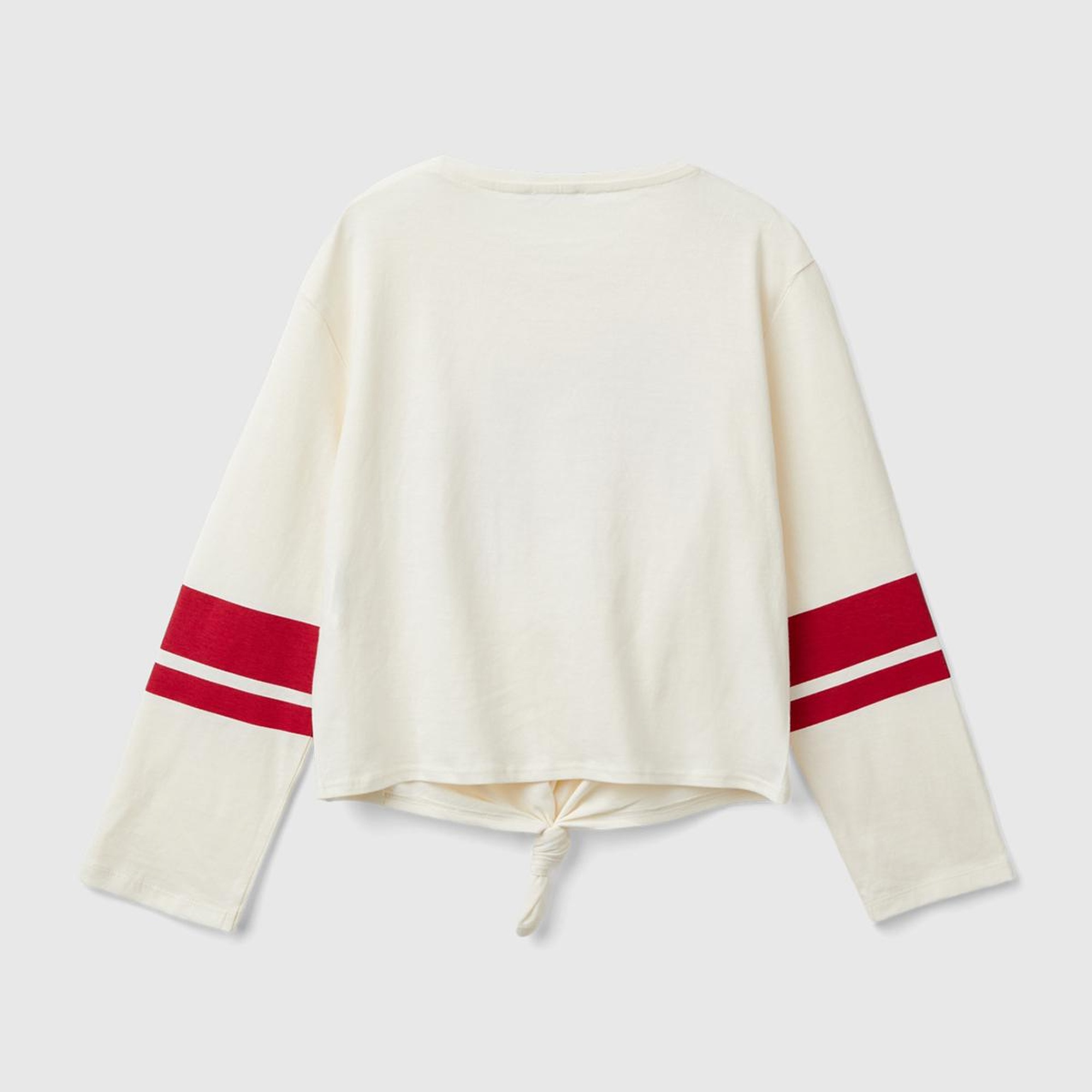 Kız Çocuk Ekru Kontrast Renkli Önü Düğümlü Kayık Yaka Uzun Kollu T-Shirt
