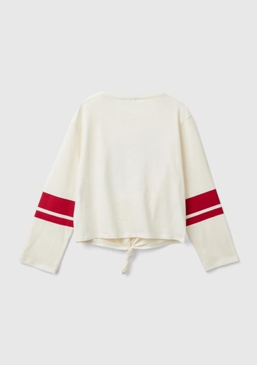  Kız Çocuk Ekru Kontrast Renkli Önü Düğümlü Kayık Yaka Uzun Kollu T-Shirt