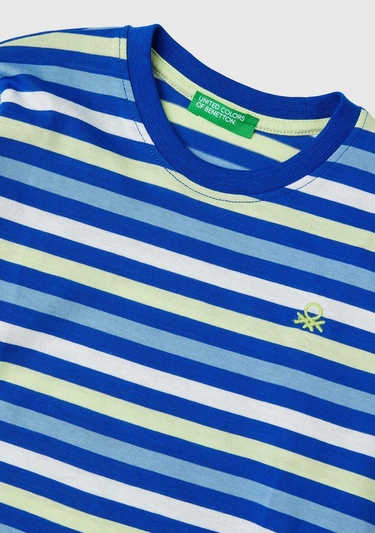  Erkek Çocuk Mavi Mix Sol Göğsü Logo İşlemeli Yatay Çizgili Uzun Kollu T-Shirt