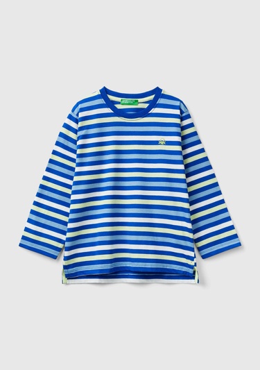  Erkek Çocuk Mavi Mix Sol Göğsü Logo İşlemeli Yatay Çizgili Uzun Kollu T-Shirt