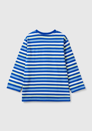  Erkek Çocuk Mavi Mix Sol Göğsü Logo İşlemeli Yatay Çizgili Uzun Kollu T-Shirt