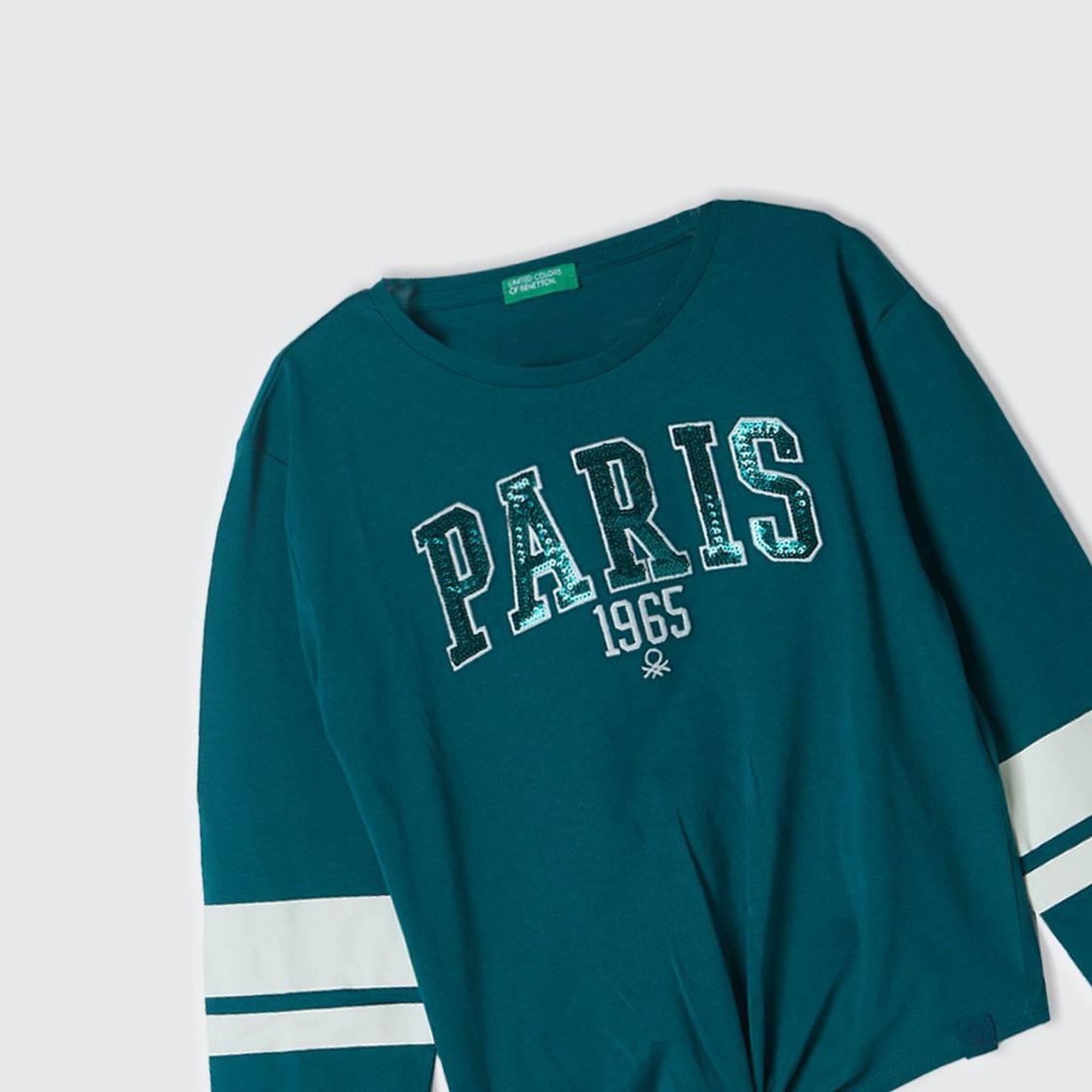 Kız Çocuk Çam Yeşili Kontrast Renkli Önü Düğümlü Kayık Yaka Uzun Kollu T-Shirt