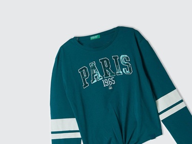  Kız Çocuk Çam Yeşili Kontrast Renkli Önü Düğümlü Kayık Yaka Uzun Kollu T-Shirt