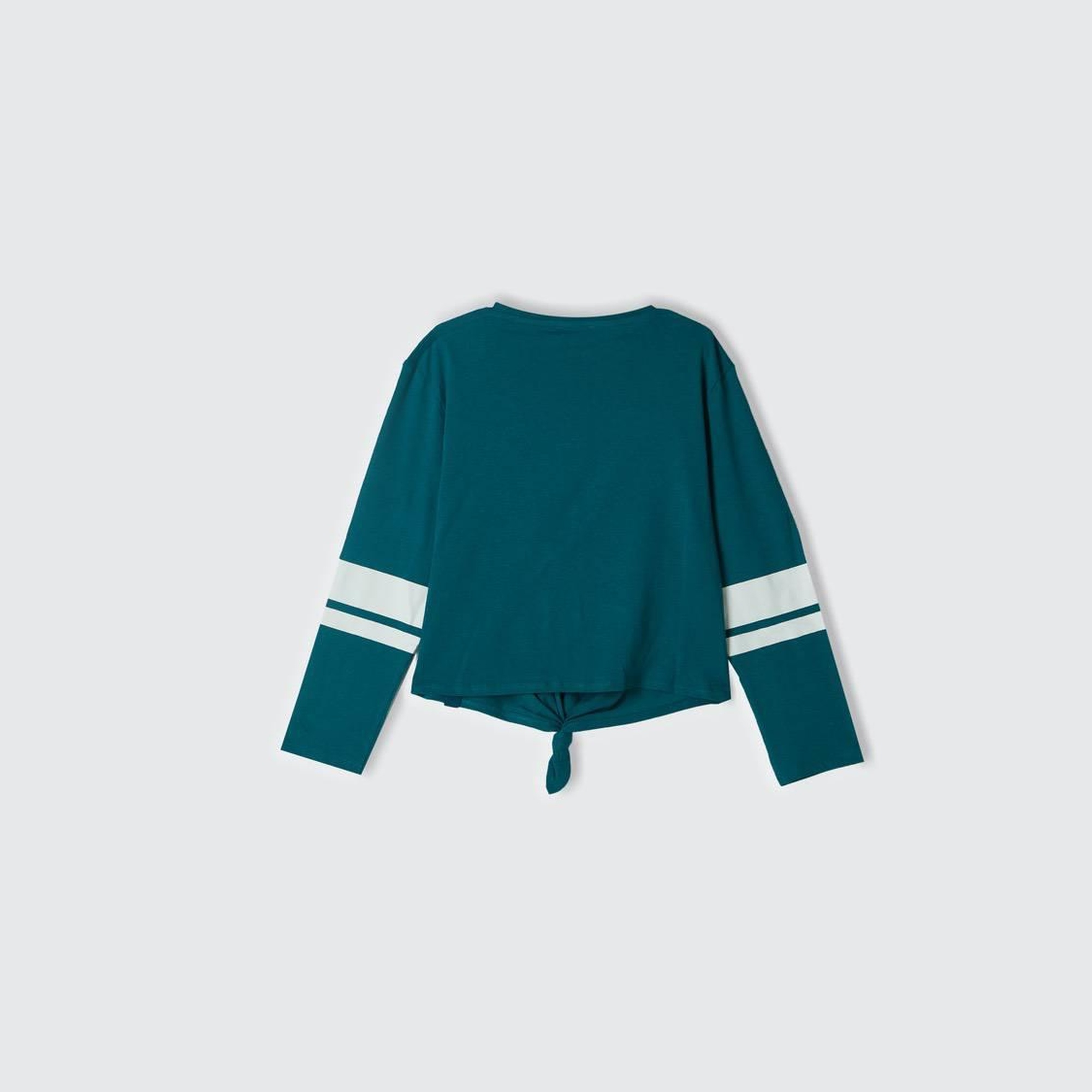 Kız Çocuk Çam Yeşili Kontrast Renkli Önü Düğümlü Kayık Yaka Uzun Kollu T-Shirt