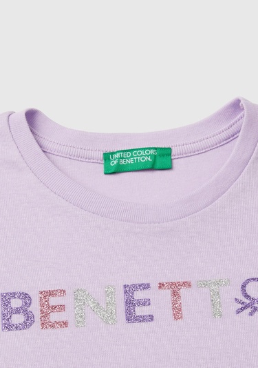  Kız Çocuk Lila Önü Parıltılı Logo Baskılı Regular Fit Uzun Kollu T-Shirt
