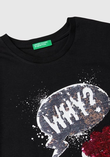  Kız Çocuk Siyah Önü Pullu Baskı Detaylı Etek Ucu Yuvarlak Uzun Kollu T-Shirt