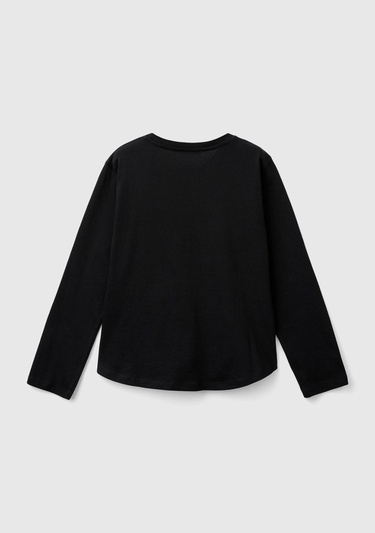  Kız Çocuk Siyah Önü Pullu Baskı Detaylı Etek Ucu Yuvarlak Uzun Kollu T-Shirt