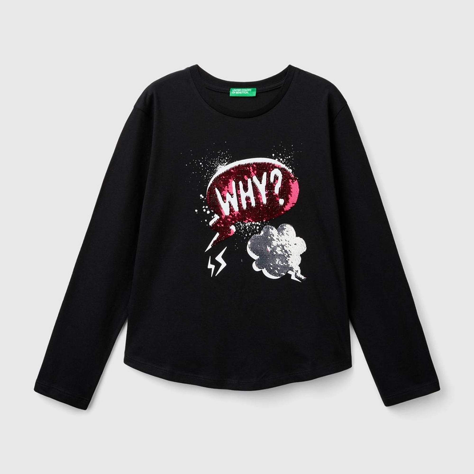 Kız Çocuk Siyah Önü Pullu Baskı Detaylı Etek Ucu Yuvarlak Uzun Kollu T-Shirt