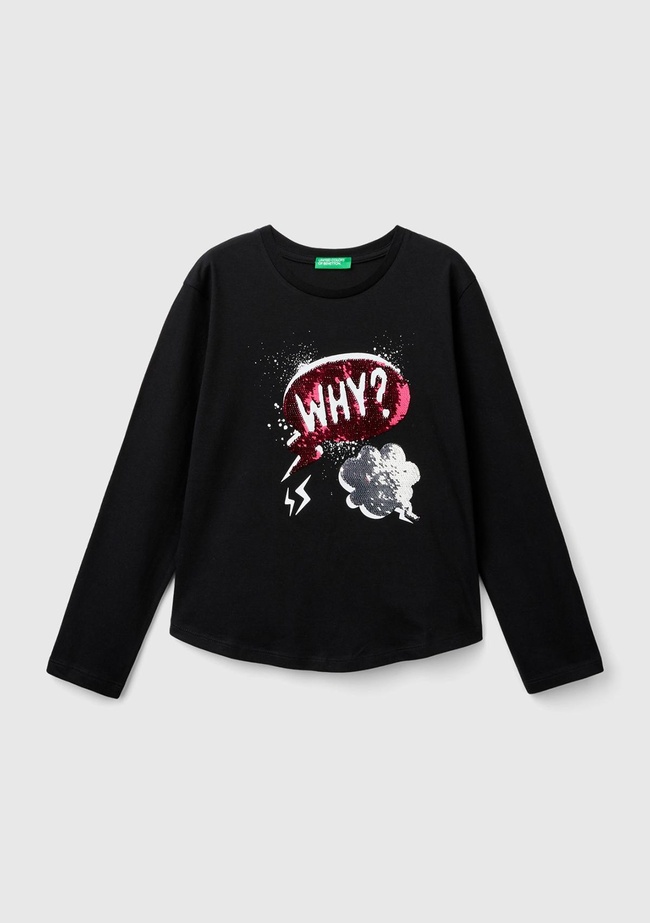  Kız Çocuk Siyah Önü Pullu Baskı Detaylı Etek Ucu Yuvarlak Uzun Kollu T-Shirt