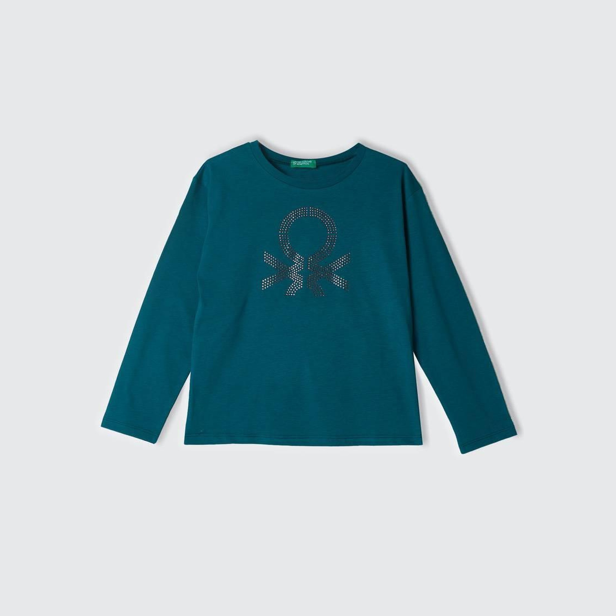 Kız Çocuk Çam Yeşili Önü Parlak Logo Baskılı Bisiklet Yaka Uzun Kollu T-Shirt