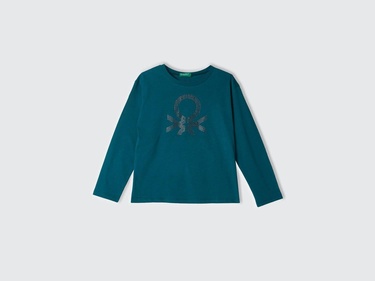  Kız Çocuk Çam Yeşili Önü Parlak Logo Baskılı Bisiklet Yaka Uzun Kollu T-Shirt