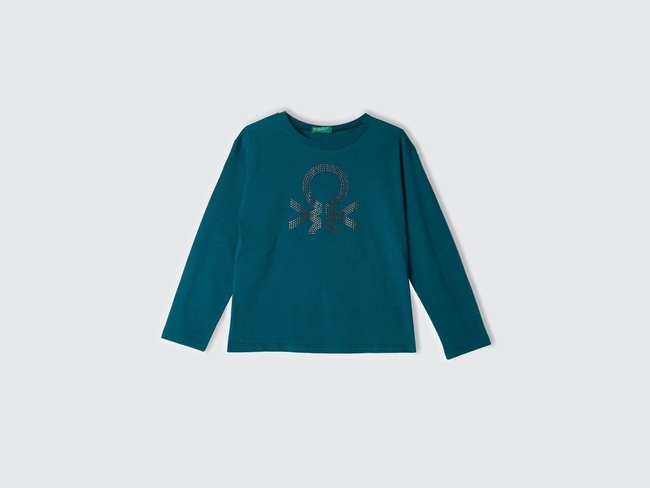  Kız Çocuk Çam Yeşili Önü Parlak Logo Baskılı Bisiklet Yaka Uzun Kollu T-Shirt