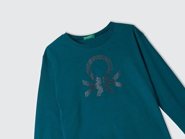  Kız Çocuk Çam Yeşili Önü Parlak Logo Baskılı Bisiklet Yaka Uzun Kollu T-Shirt