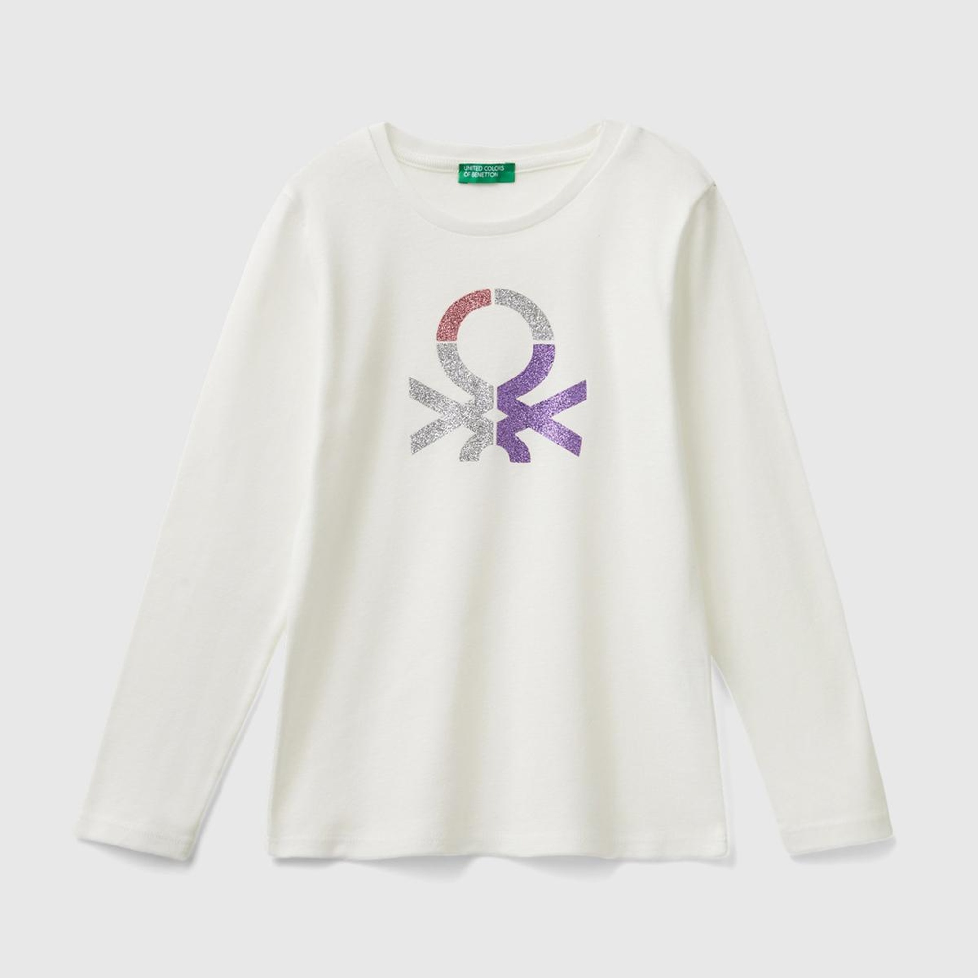Kız Çocuk Beyaz Önü Parıltılı Logo Baskılı Regular Fit Uzun Kollu T-Shirt