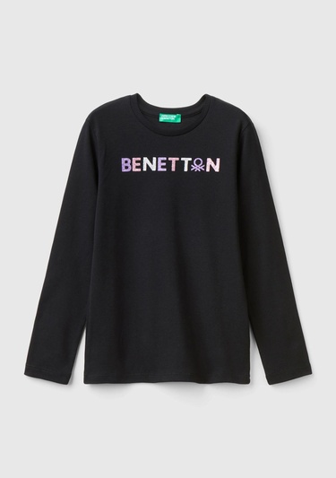  Kız Çocuk Siyah Önü Parıltılı Logo Baskılı Regular Fit Uzun Kollu T-Shirt