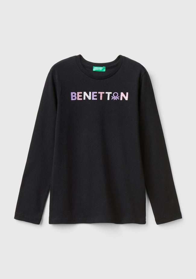  Kız Çocuk Siyah Önü Parıltılı Logo Baskılı Regular Fit Uzun Kollu T-Shirt