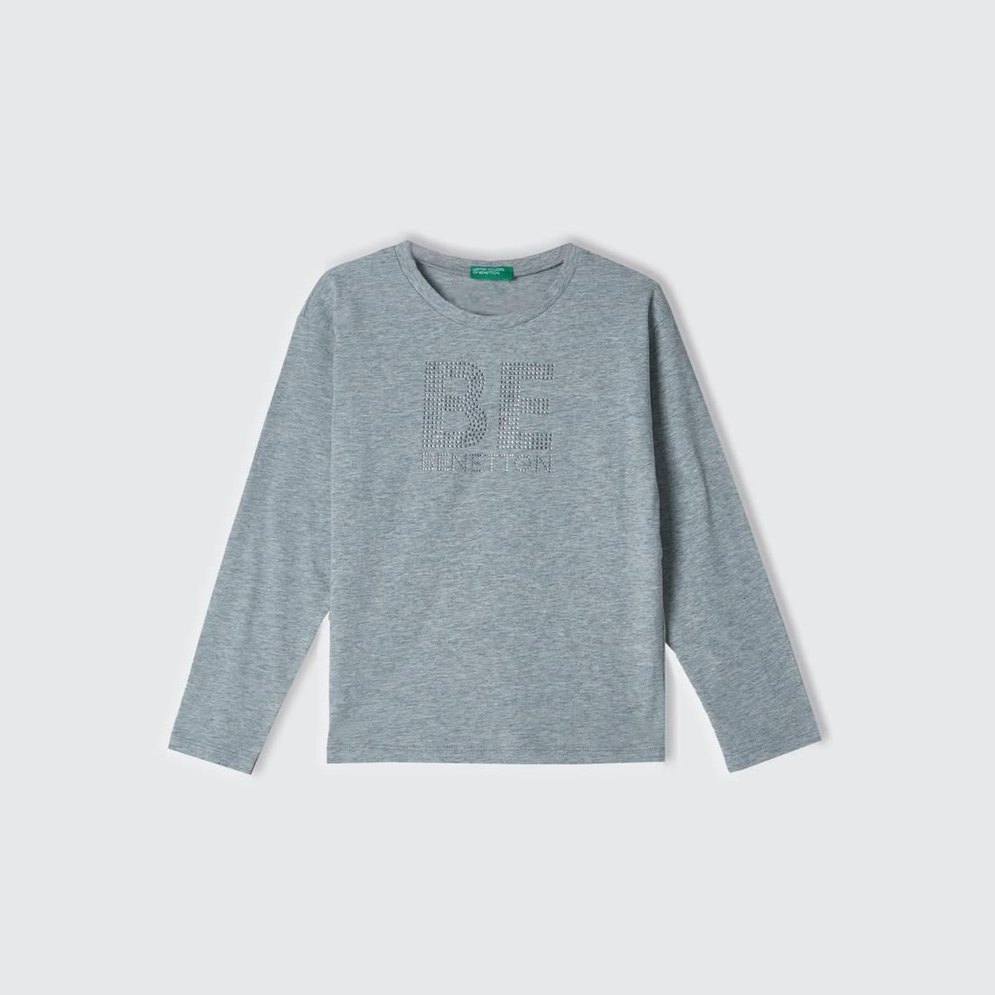 Kız Çocuk Gri Melanj Önü Parlak Logo Baskılı Bisiklet Yaka Uzun Kollu T-Shirt