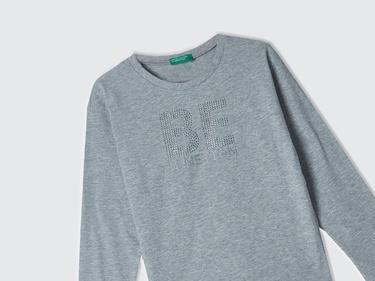  Kız Çocuk Gri Melanj Önü Parlak Logo Baskılı Bisiklet Yaka Uzun Kollu T-Shirt