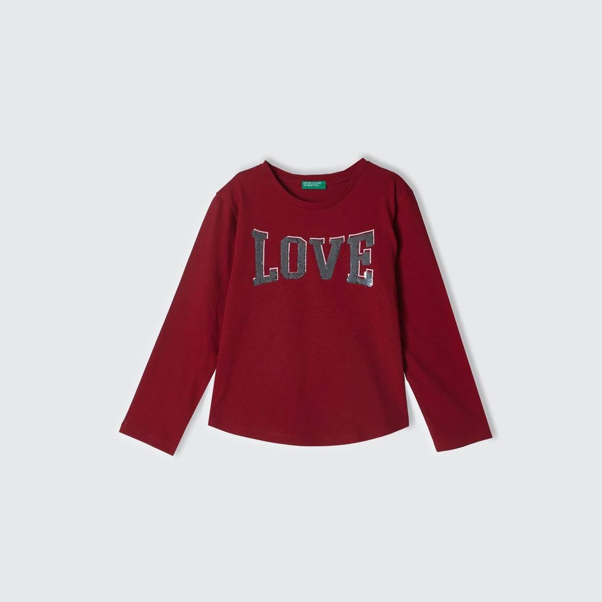 Kız Çocuk Kırmızı Önü Pullu Baskı Detaylı Etek Ucu Yuvarlak Uzun Kollu T-Shirt