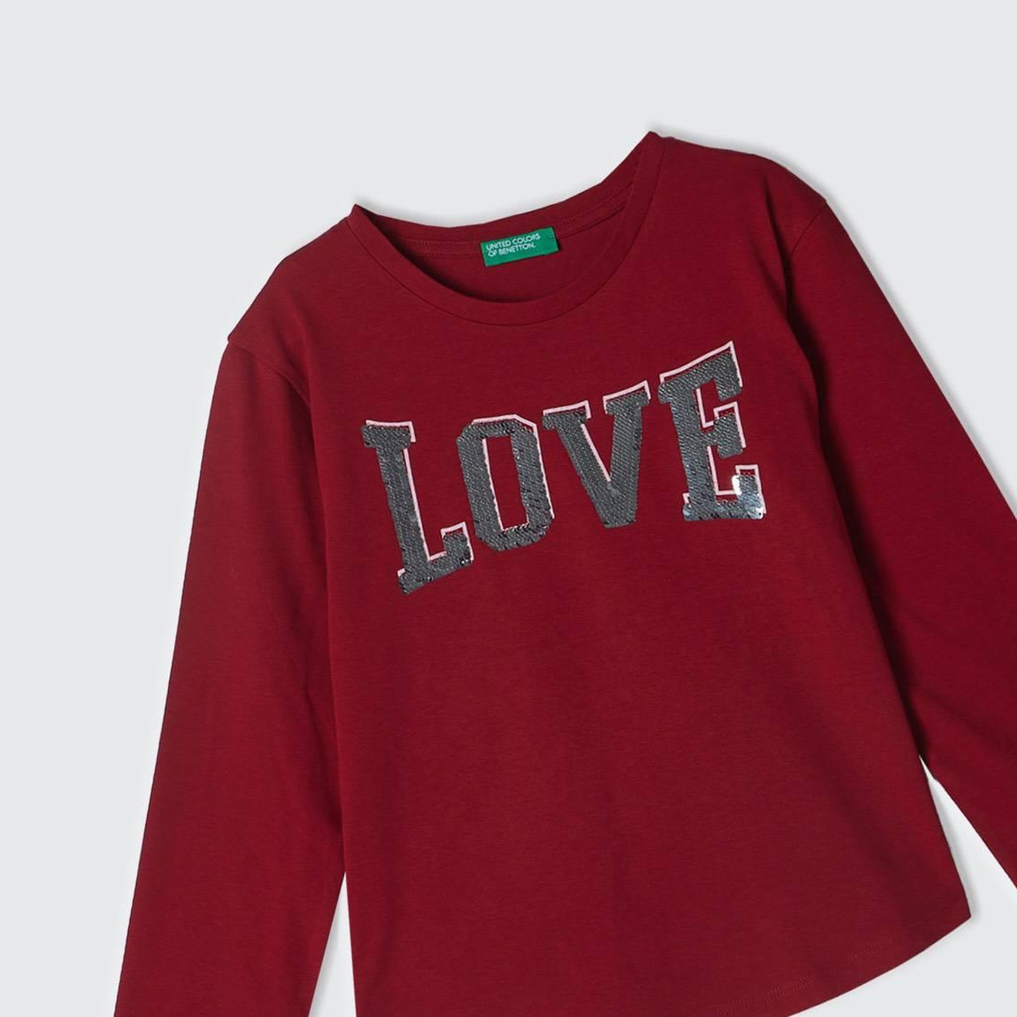 Kız Çocuk Kırmızı Önü Pullu Baskı Detaylı Etek Ucu Yuvarlak Uzun Kollu T-Shirt