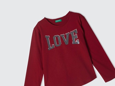  Kız Çocuk Kırmızı Önü Pullu Baskı Detaylı Etek Ucu Yuvarlak Uzun Kollu T-Shirt