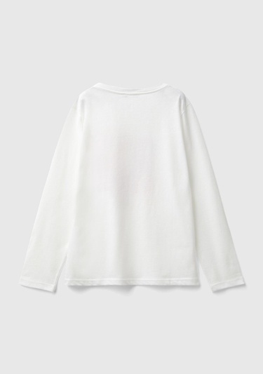  Kız Çocuk Beyaz Önü Çok Renkli Baskılı Bisiklet Yaka Uzun Kollu T-Shirt