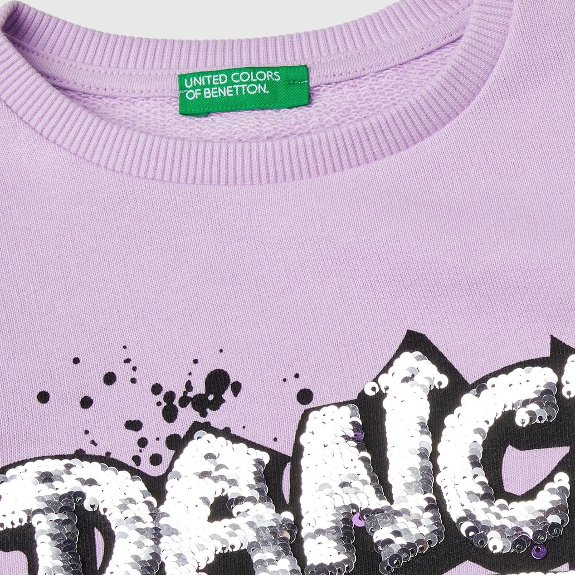 Kız Çocuk Lila Önü Pullu Baskı Detaylı Bisiklet Yaka Sweatshirt