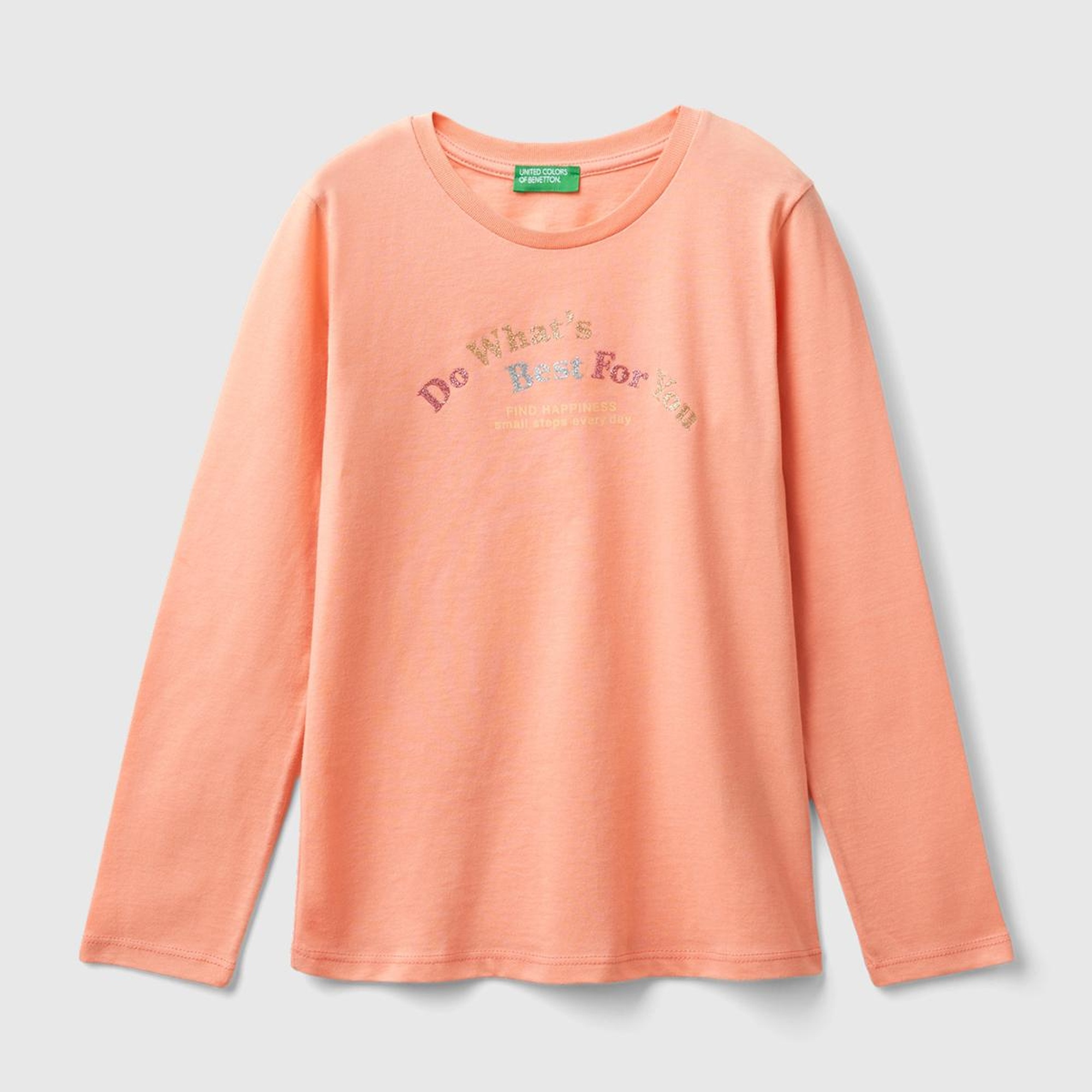 Kız Çocuk Yavruağzı Önü Çok Renkli Baskılı Bisiklet Yaka Uzun Kollu T-Shirt