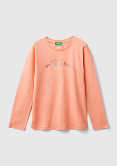  Kız Çocuk Yavruağzı Önü Çok Renkli Baskılı Bisiklet Yaka Uzun Kollu T-Shirt