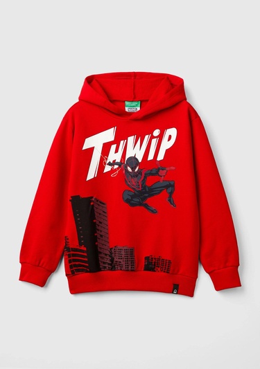  Erkek Çocuk Kırmızı Etek Ucu Logolu Spiderman Baskılı Kapüşonlu Sweatshirt