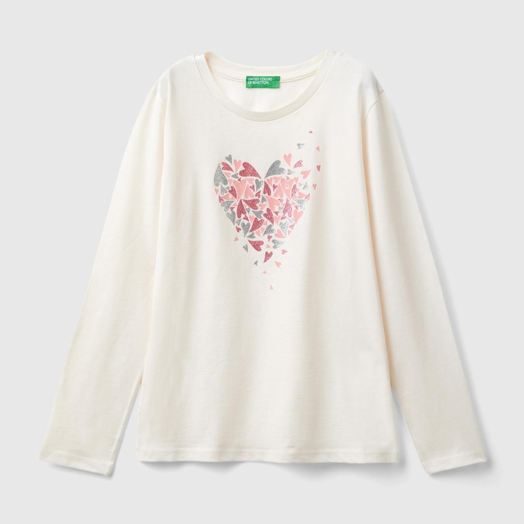 Kız Çocuk Ekru Önü Çok Renkli Baskılı Bisiklet Yaka Uzun Kollu T-Shirt