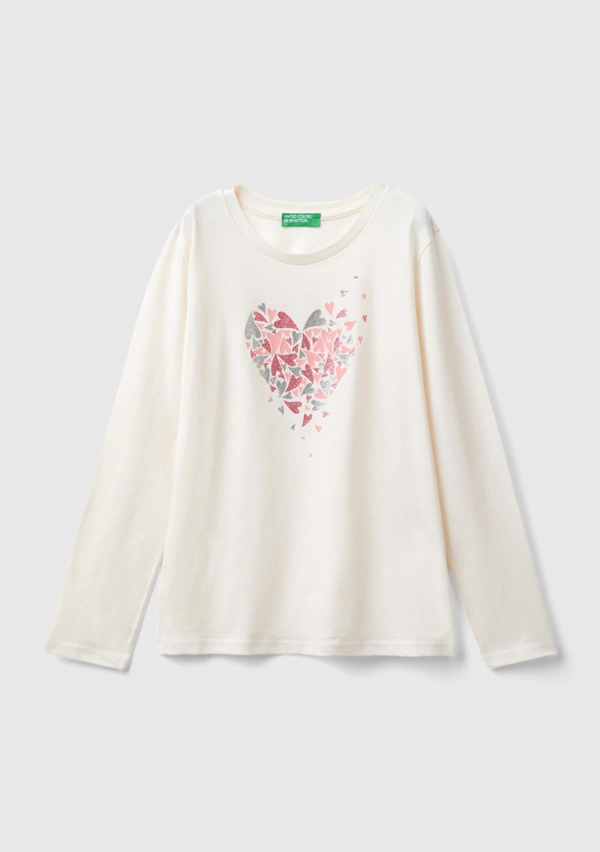  Kız Çocuk Ekru Önü Çok Renkli Baskılı Bisiklet Yaka Uzun Kollu T-Shirt