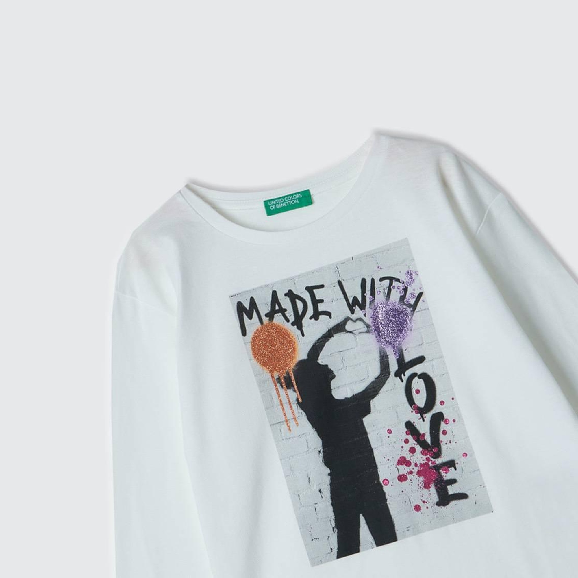 Kız Çocuk Beyaz Önü Fotoğraf Baskılı Bisiklet Yaka Uzun Kollu T-Shirt