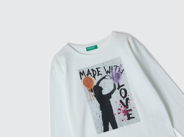  Kız Çocuk Beyaz Önü Fotoğraf Baskılı Bisiklet Yaka Uzun Kollu T-Shirt