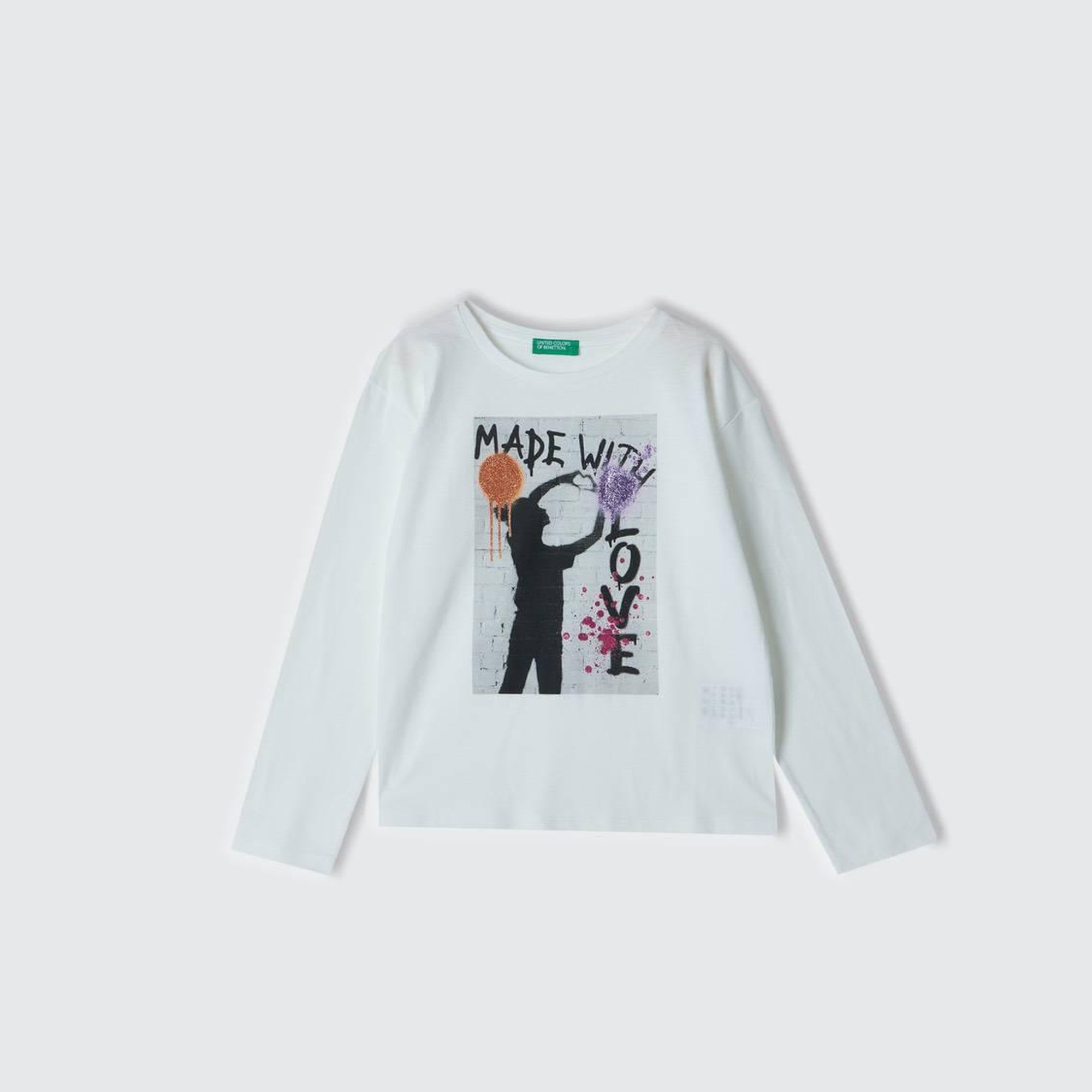 Kız Çocuk Beyaz Önü Fotoğraf Baskılı Bisiklet Yaka Uzun Kollu T-Shirt